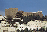 View of the fortified monastry of St. John, and the village of Chora which surrounds it on Patmos, Greece