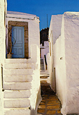 One of many narrow alleys running between the houses in Chora village, Patmos, Greece