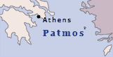 Location map showing the Greek island of Patmos off the Turkish coast. Rhodes is the big Island at the bottom right