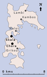 Map of Patmos, Greece showing the main towns, and some of the outlying villages